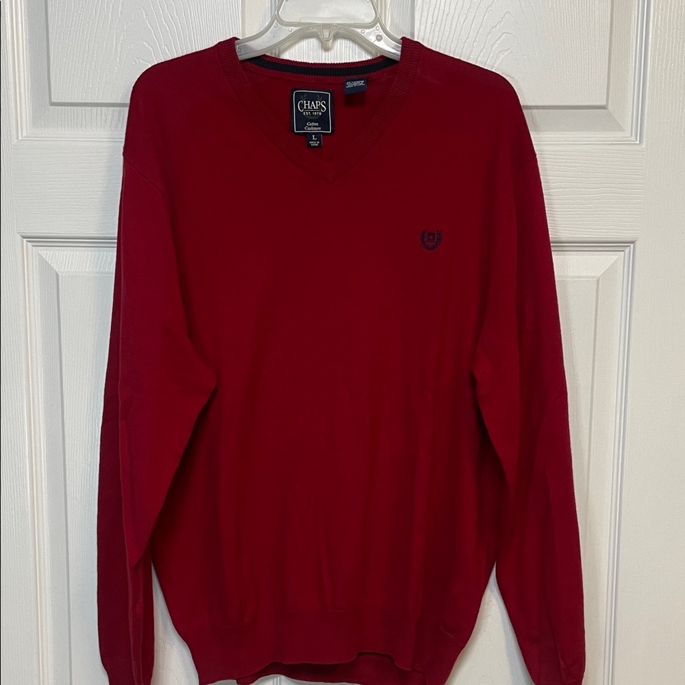 Chaps Men's Bold Red V-Neck Sweater Cotton Cashmere
